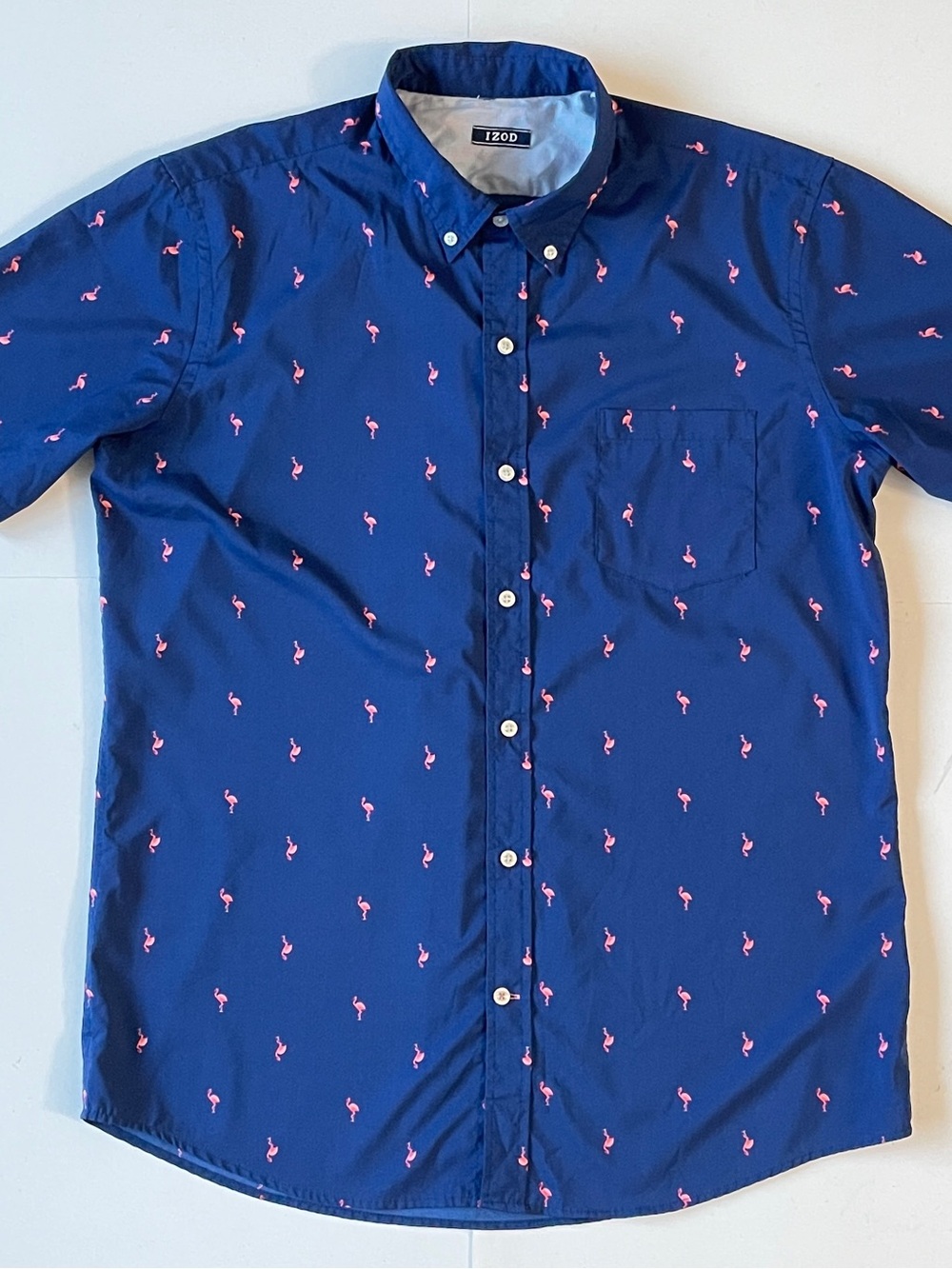 Izod Navy Short-Sleeve Button-Down Shirt with Pink Flamingo Motif